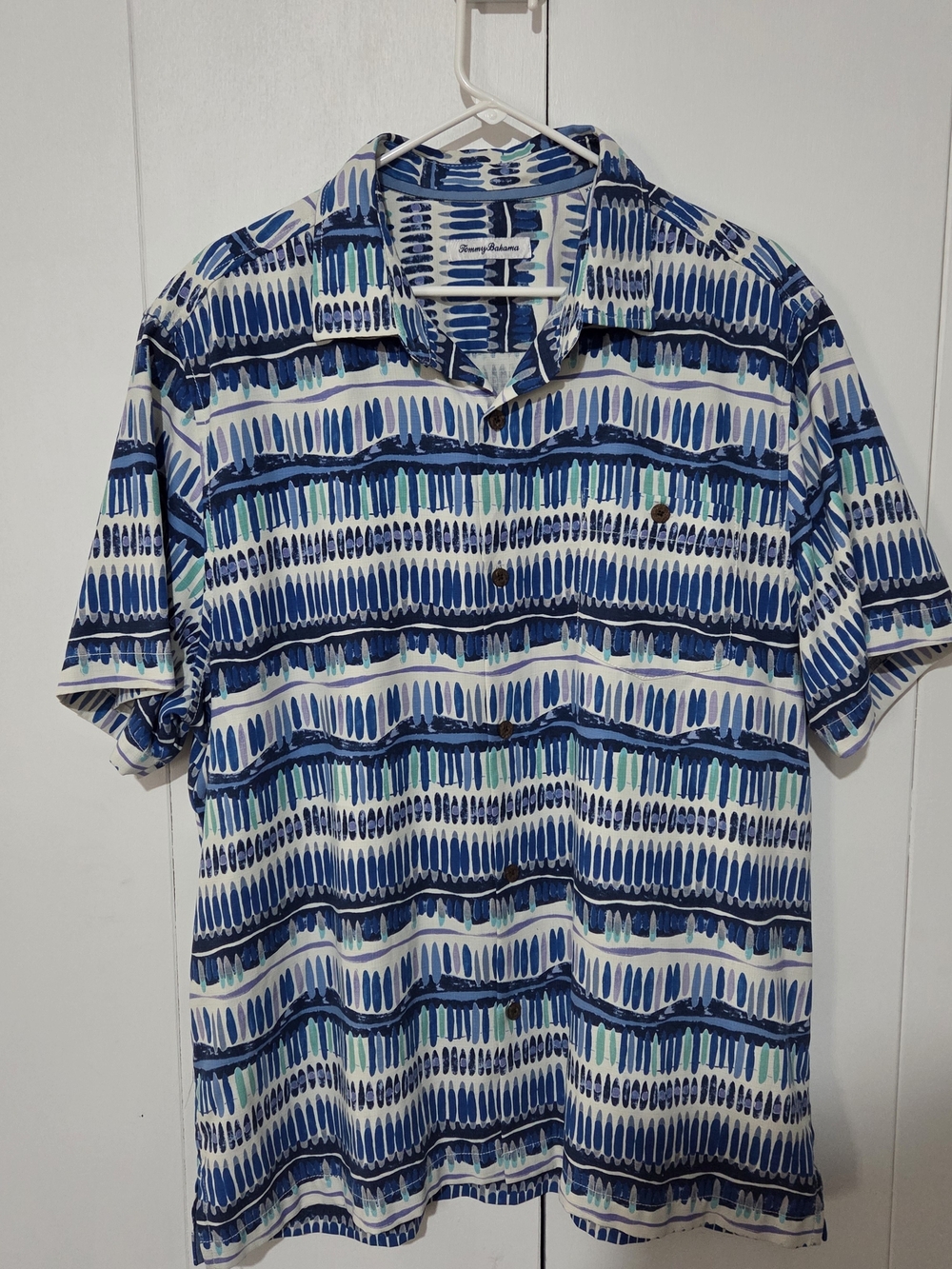 Tommy Bahama Geo Surf Silk Blend Camp Shirt Men's Blue Abstract Print